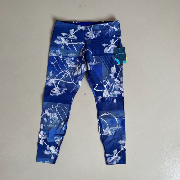 Brooks Cropped Floral Running Leggings Blue Medium - Picture 2 of 4